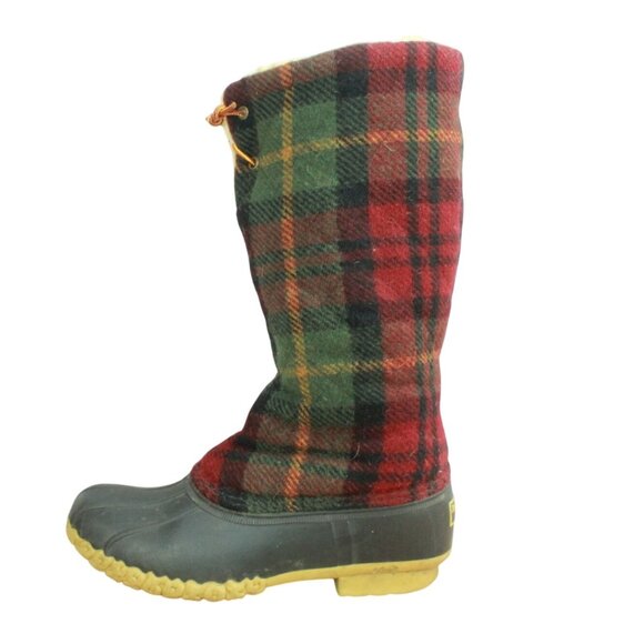 LL Bean Green Red Wool Plaid Sherpa Lined Duck Boots Size 8 M - Picture 1 of 10
